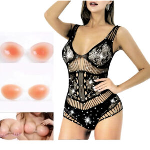 Roupa íntima feminina/macacão de malha sexy com strass + combinação de sutiã invisível de silicone